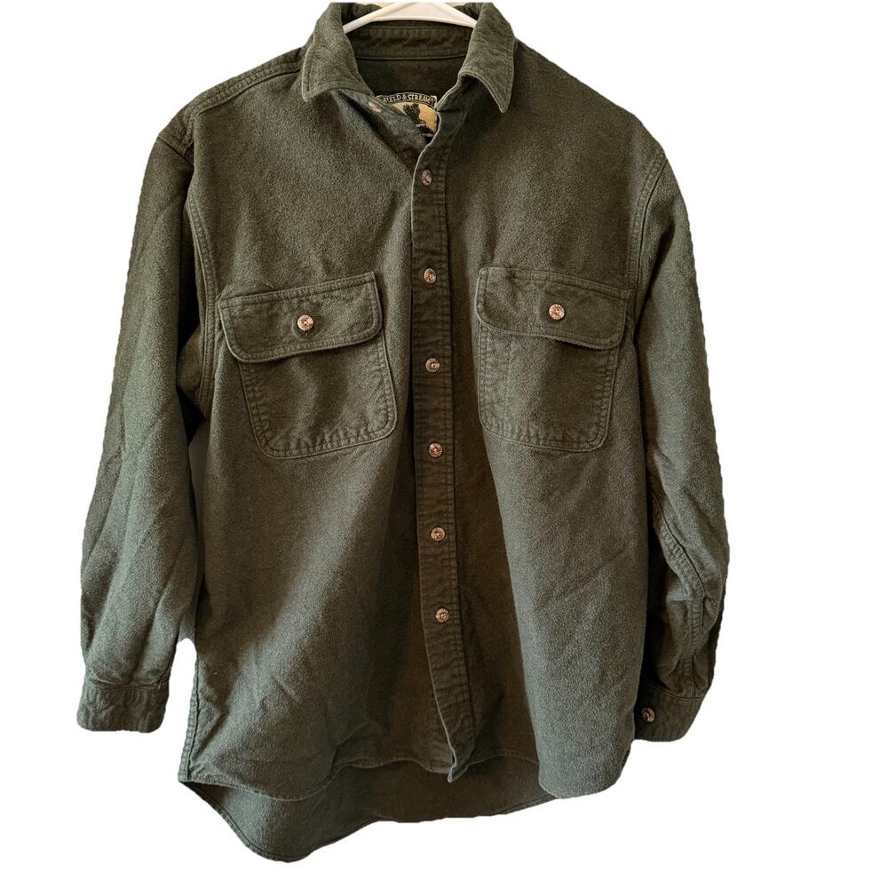 Field & Stream Men's M Green Chamois Flannel Button Front Shirt Heavy Thick Vtg